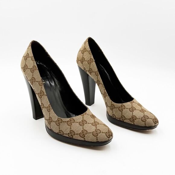 Gucci GG Monogram Brown Canvas Platform Pumps Wooden Heels Size 7.5 - Picture 2 of 12